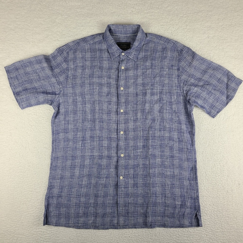 Jos A Bank Reserve Shirt Mens Large Blue Plaid‎ Linen Casual Hawaiian Button Up